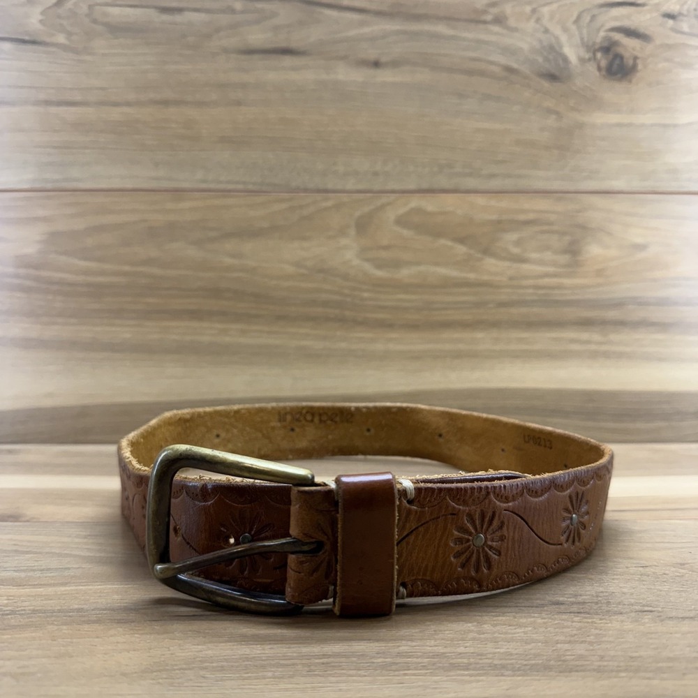 Linea Pelle Boho Floral Embossed Y2K Women's Belt Size M Cognac Leather Casual